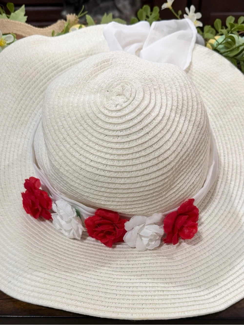 Disney Cream Sun Hat with Red & White Floral Trim
